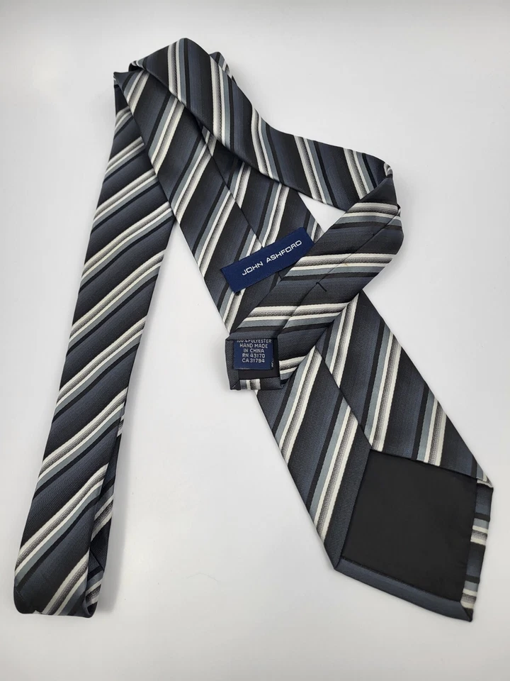 Corbata John Ashford Poliéster Gris Negro Blanco Rayas Hombre 59 x 3.3/8 Foto 4 de 4