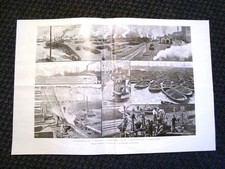 Stampa enorme del 1900 Porto di Genova Scalo del carbone Calate o docks, chiatte