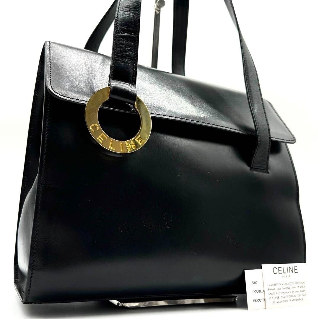 CELINE Rare Shoulder Bag Crossbody Circle Logo Leather Black CELINE Rare Shoulder Bag Crossbody Circle Logo Leather Black