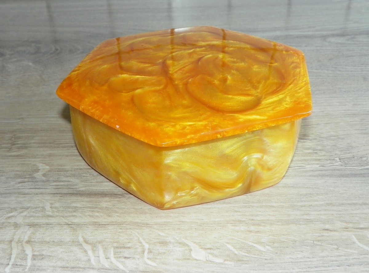 #1 VTG BEAUTIFUL ART DECO Lava Flow Hexagon Jewelry Box Storage Bakelite  Catalin
