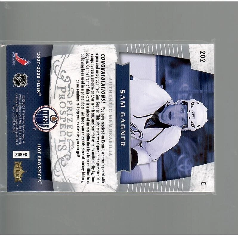 SAM GAGNER ROOKIE PATCH AUTO 207/399 2007 08 UPPER DECK HOT PROSPECTS HOCKEY - Image 2 of 2