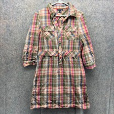 Tommy Hilfiger Shirt Dress Womens 10 Orange Green Madras Plaid Button Down Vtg
