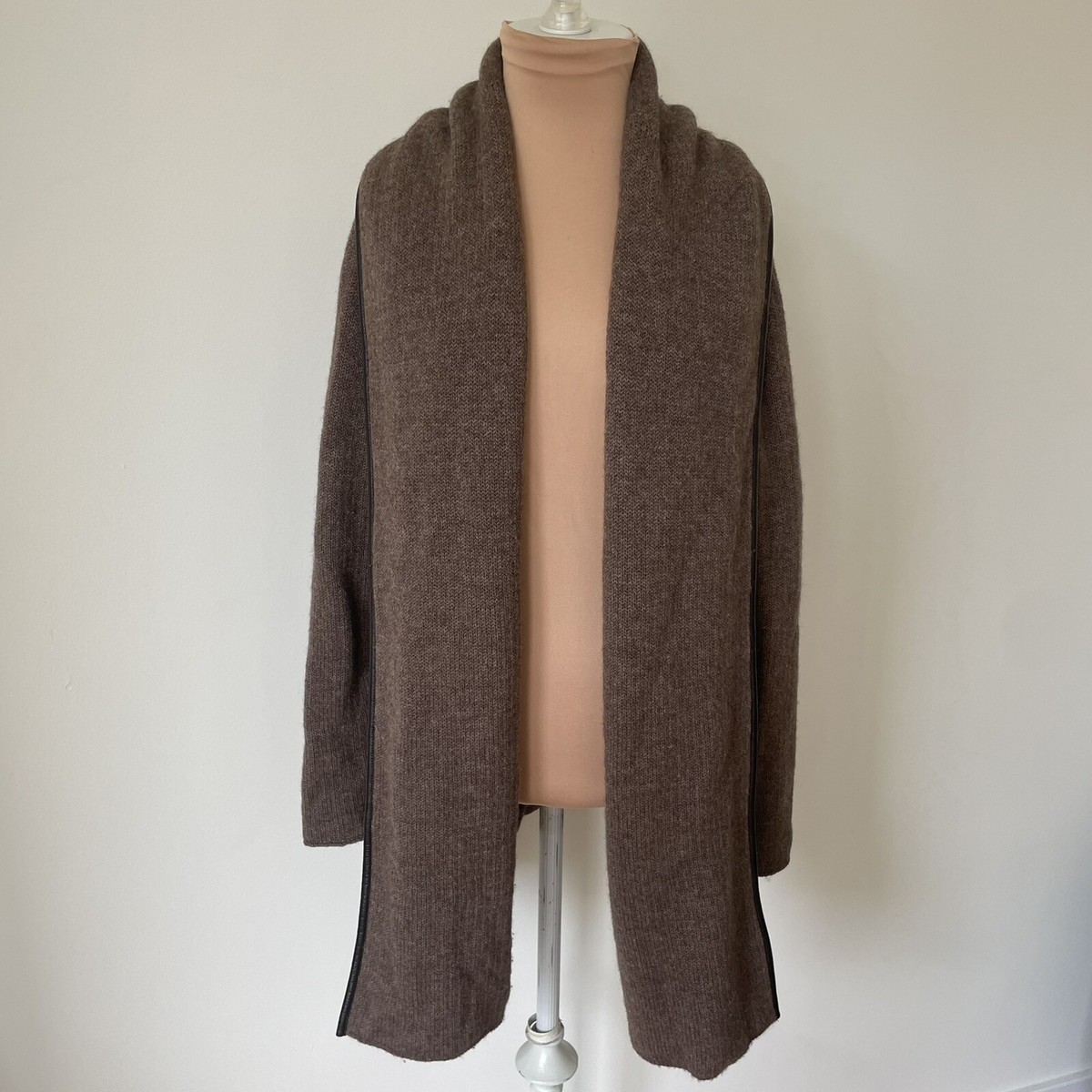 Vince Brown Wool Alpaca Cashmere Leather Trim Blanket Open