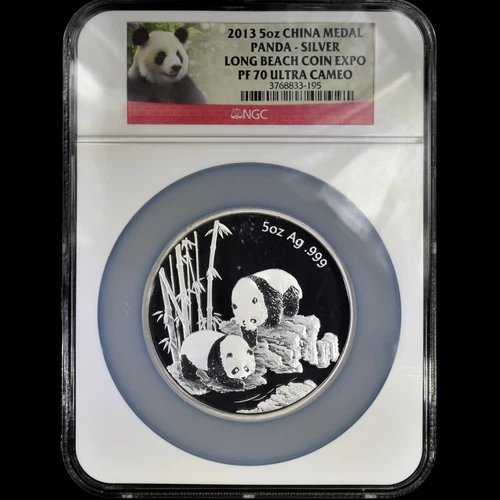 2013 5 OZ SILVER PANDA ✪ NGC PF-70 ✪ CHINA LONG BEACH EXPO MEDAL 999 95◢TRUSTED◣