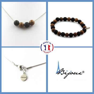 Armband Set Halskette 4 Lavaperlen + Holz 8 mm. Stahlkette Perso Size