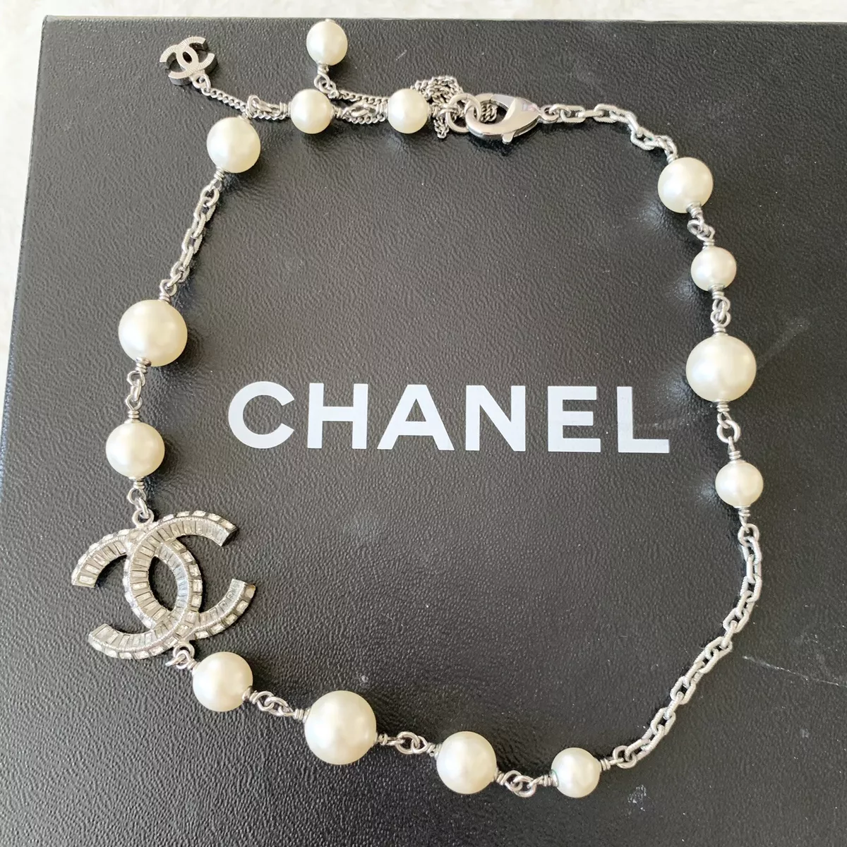 Chanel Silver Tone Rhinestone Cc Logo Necklace