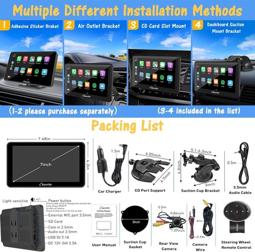 Carpuride Wireless Carplay Android Auto Mirror Link Dual Bluetooth W/Backup Cam - Picture 8 of 8