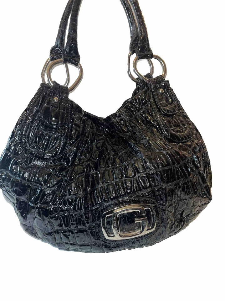 BOLSO DE HOMBRO GUESS NEGRO BRILLANTE CHAROL CUERO Imitación COCODRILO Cartera Logo Eslinga Lg Foto 2 de 4