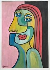 Pablo Picasso (Handmade) Drawing On Paper Signed & Stamped Mixed Media, Vtg Art