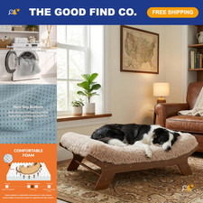 Elevated Wooden Dog Bed Frame with Foam Mattress - Walnut Pattern, Large Size