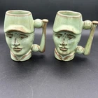 Pair Vintage 1978 Frankoma Pottery #602 Baseball Player Toby Mugs Prairie Green
