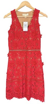 Michael Kors Scarlet Red Floral Appliqué Lace Mid Length Dress Size 0 - NWT $350