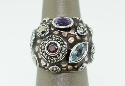 Chi by Falchi Silver Multi Gemstone Brown Enamel Cobblestone Ring Sz 8 - .47