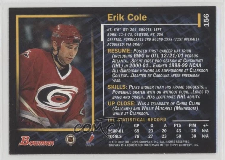 2001-02 Bowman YoungStars Erik Cole #156 Rookie RC - Image 2 of 2