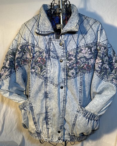 Vintage Rainbow West Denim Bomberjacke Damen LARGE Blau Jeans Retro Floral - Bild 1 von 6