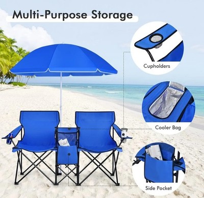 Portable 2 Person Folding Chair & Umbrella Set - Perfect for Camping, Beaches