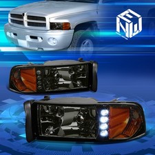For 94-02 Dodge Ram 1500-3500 1pc Style Led Drl Smokedamber Headlight Lamps Set
