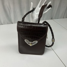VTG Brighton Brown Leather Croc Embossed Flap Crossbody Braided Strap