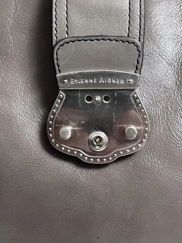 Vintage Etienne Aigner XL Leather Satchel Tote Bag Gray Leather Purse 90s - Image 3 of 4