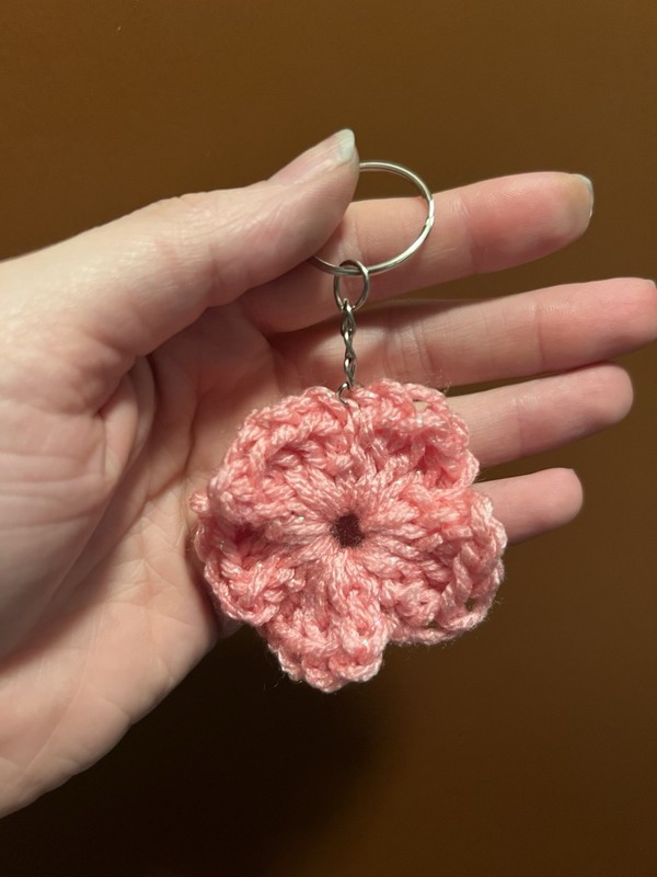 Pink Crochet Flower Key Chain with Metal Key Ring, Yarn & Metal, Unisex