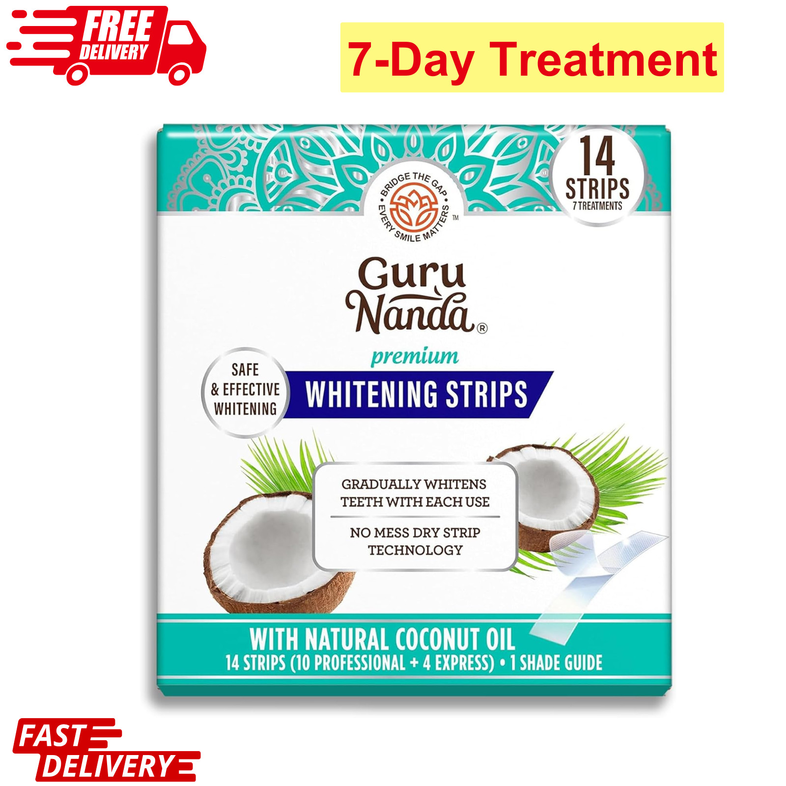 GuruNanda Teeth Whitening Strips With Coconut Oil-14 Enamel Safe Strips Non-Slip