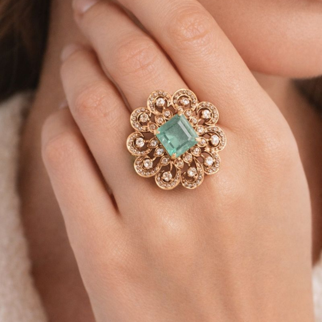 Gajaah 925 Silver Emerald & Polki Diamond Statement Ring