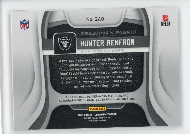2019 Panini Certified #240 Hunter Renfrow Patch Auto #/499 Q3 view 2