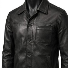 Men's Black Genuine Cowhide Leather Jacket Button Up Classic Casual