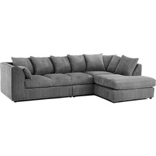 Grey Jumbo Cord 5 Seater Corner Sofa L Shape Couch with Footstool Large Suite