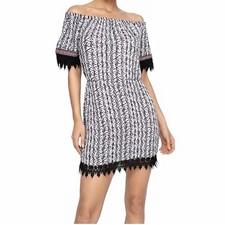 Off Shoulder Dress Womens Black White Boho Tassel Trim Viscose Festival Resort