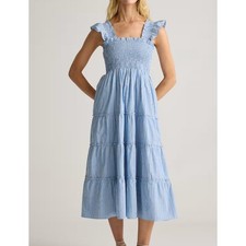 NWOT Quince Women's Organic Cotton Poplin Smocked Midi Dress Blue Stripe Size XS