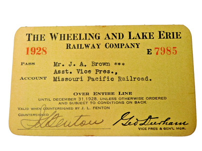 1928 Wheeling & Lake Erie Railway Railroad System Pass #E7985