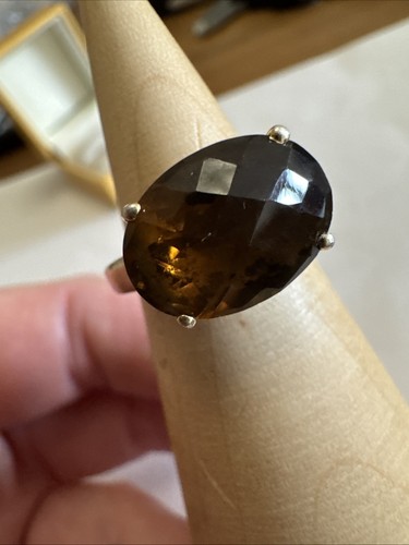 STUNNING Oval Smoky Quartz Gemstone 925 Sterling Silver Gold Plated Ring Size J - Picture 6 of 17