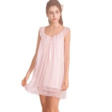 Victorian Lace Nightgown for Women - Sleeveless Sleep Dress, Pink, Medium