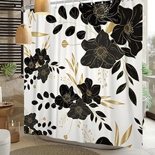 Black Flower Shower Curtain Boho Gold 72"W x 72"L Pack of 1 Black White
