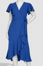 Tommy Hilfiger Women's Blue V-Neck Flutter Sleeve Tie Waist Dress Size 6