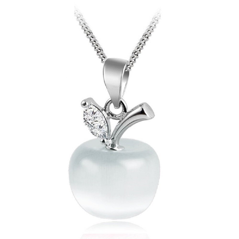 Apple Pendant Necklace with Simulated White Cat Eye Stone 18K White Gold Plated