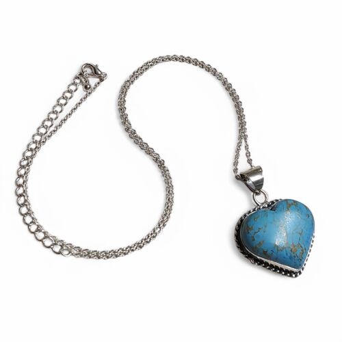 Lady's 925 Sterling Gold Vein Blue Turquoise Heart Necklace 21" - Picture 2 of 4