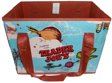 TRADER JOE'S ~ Stand Up/Collapsible Tote Bag ~ Blue & Orange ~ 6 Gallon Capacity