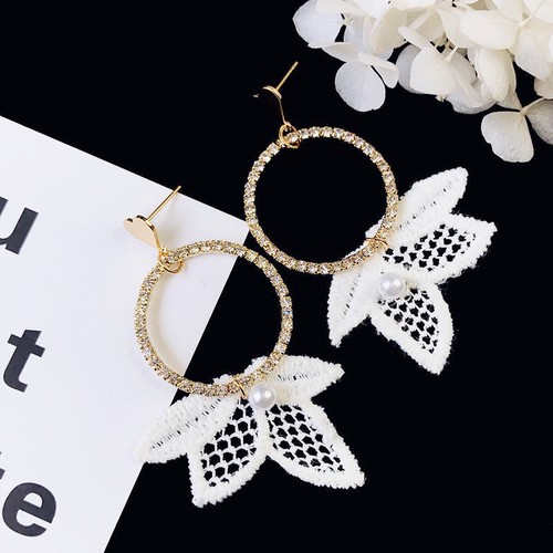 14K Rose Gold Plated Crystal Diamante Big Circle Lace Pearl Drop Earrings WHITE - Bild 4 von 5