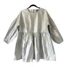 Reclaimed Vintage Inspired Taffeta Metallic Silver Smock Mini Dress Size 6
