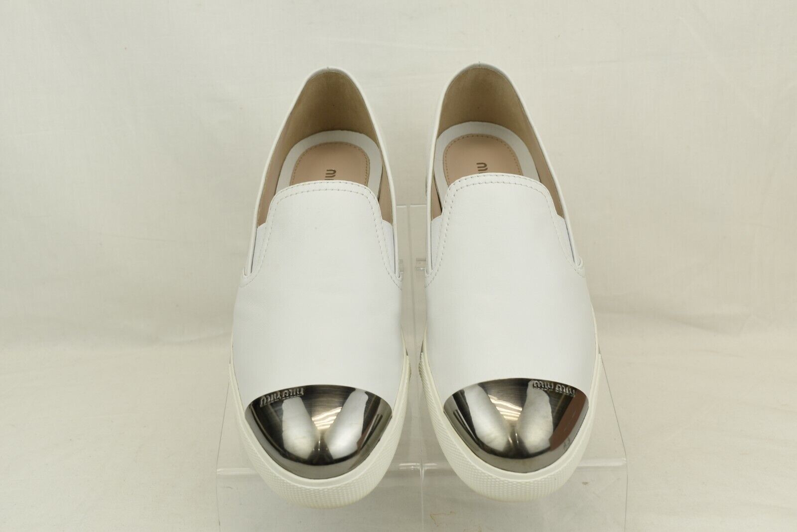 MIU MIU PRADA 5S9563 WHITE LEATHER GRAY TRIM METAL CAP TOE PLATFORM ...