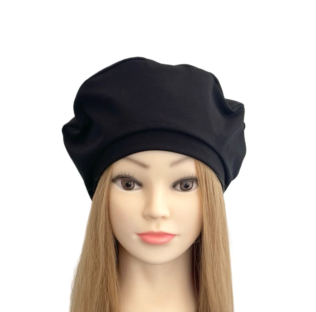 Black cotton jersey beret hat Unlined spring summer hat Stretchy jersey tam