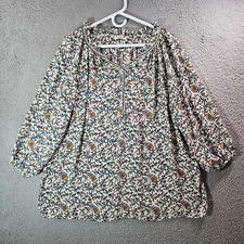 Max Studio Tunic Top Blouse Women 1X Plus Orange Green Floral Print White