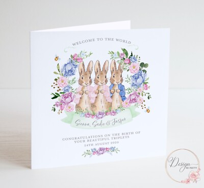 Triplets From Peter Rabbit PETER RABBIT NEW BABY Card for Triplets - Personalised - Boys & Girls ...