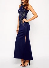 Navy Blue Maxi Dress 12 Party Sequin Side Slit Evening Wedding Occasion Xmas