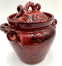 Italy Stamped Red & Black Glazed Ceramic 6" Pot w/Lid Twisted Handles Vintage