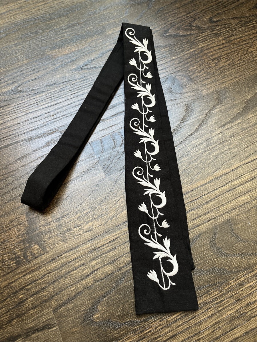 Vintage Agnès B. Tie, Embroidered White Floral On Black Cotton