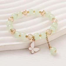 Stylish Beaded Painting Oil Butterfly Charm Stretch Bracelet For Women Green