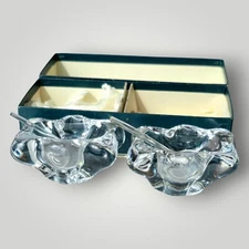 Daum Signed Cristal France 1950 Vtg Pair Crystal Salt Cellars & Glass Spoons MCM